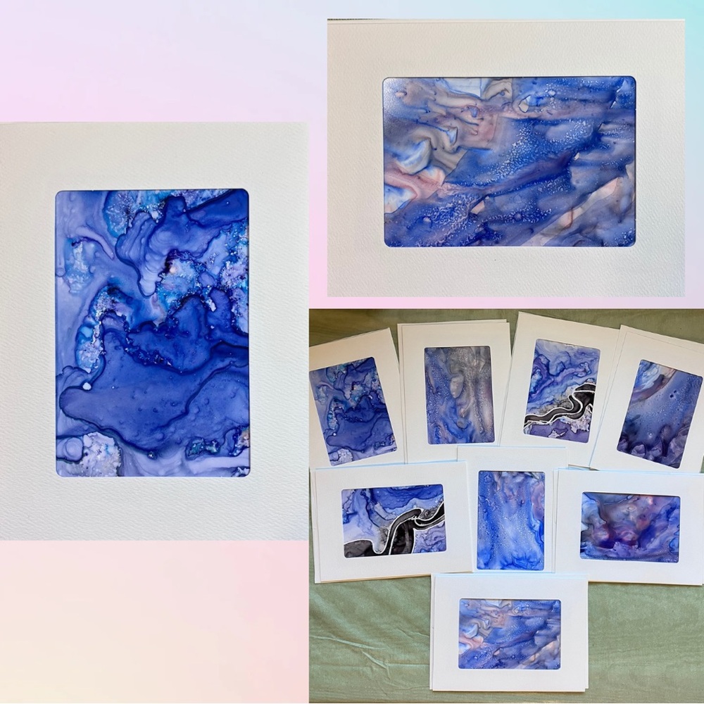 Hand Painted Blue Frameable Abstract Watercolor Blank Greeting Cards, Set of 8